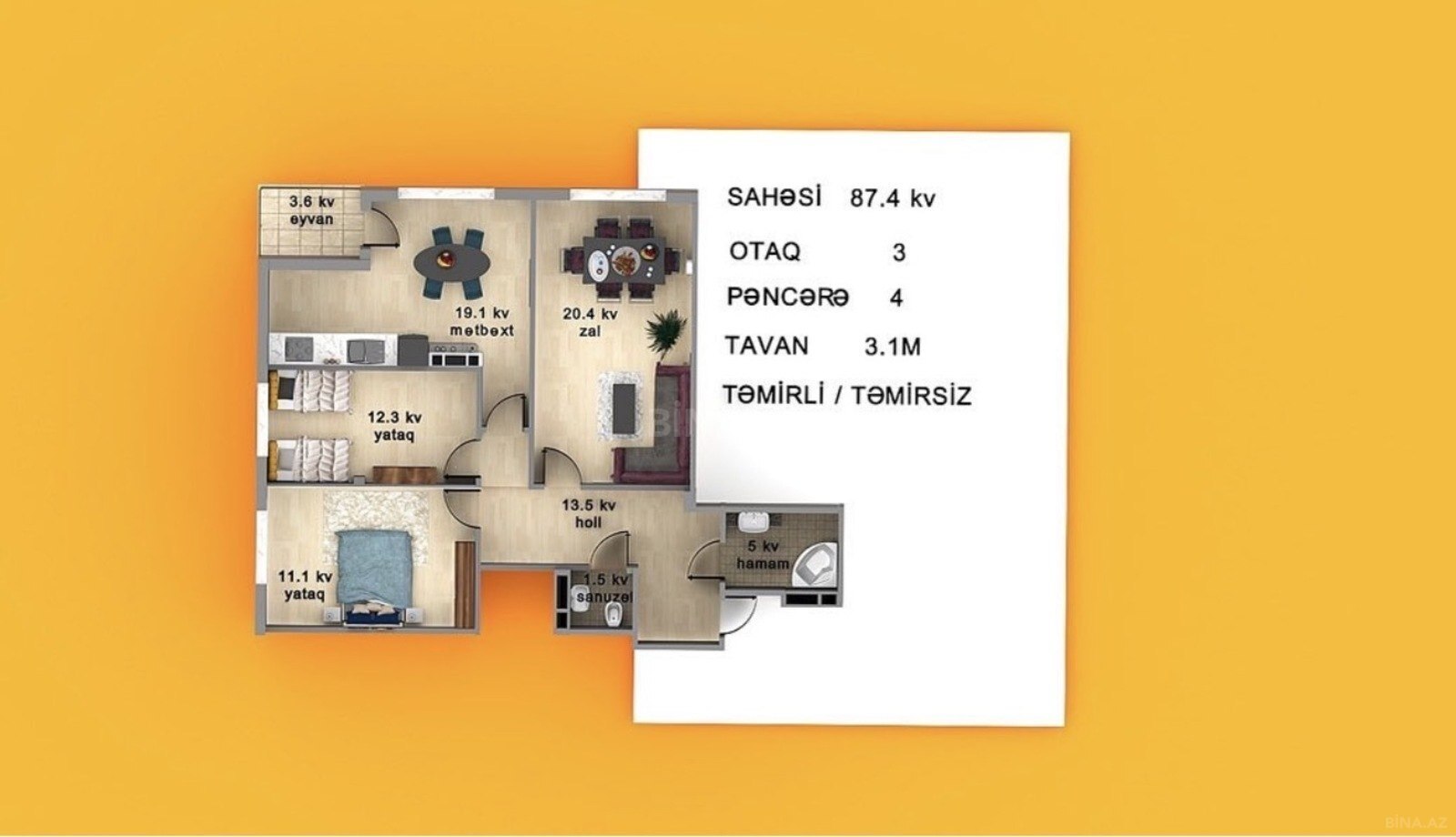 3 otaqlı yeni tikili 87.4 m², Biləcəri q. - şəkil 2