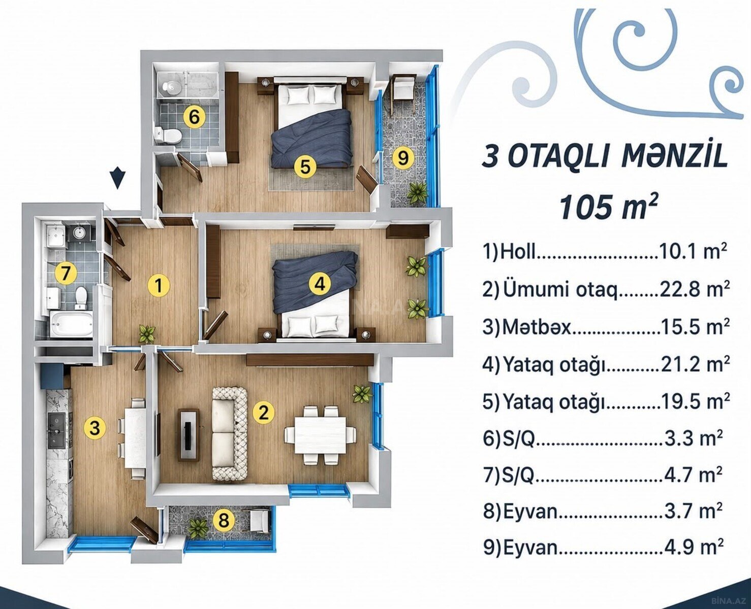 3 otaqlı yeni tikili 105 m², Şah İsmayıl Xətai m. - şəkil 2